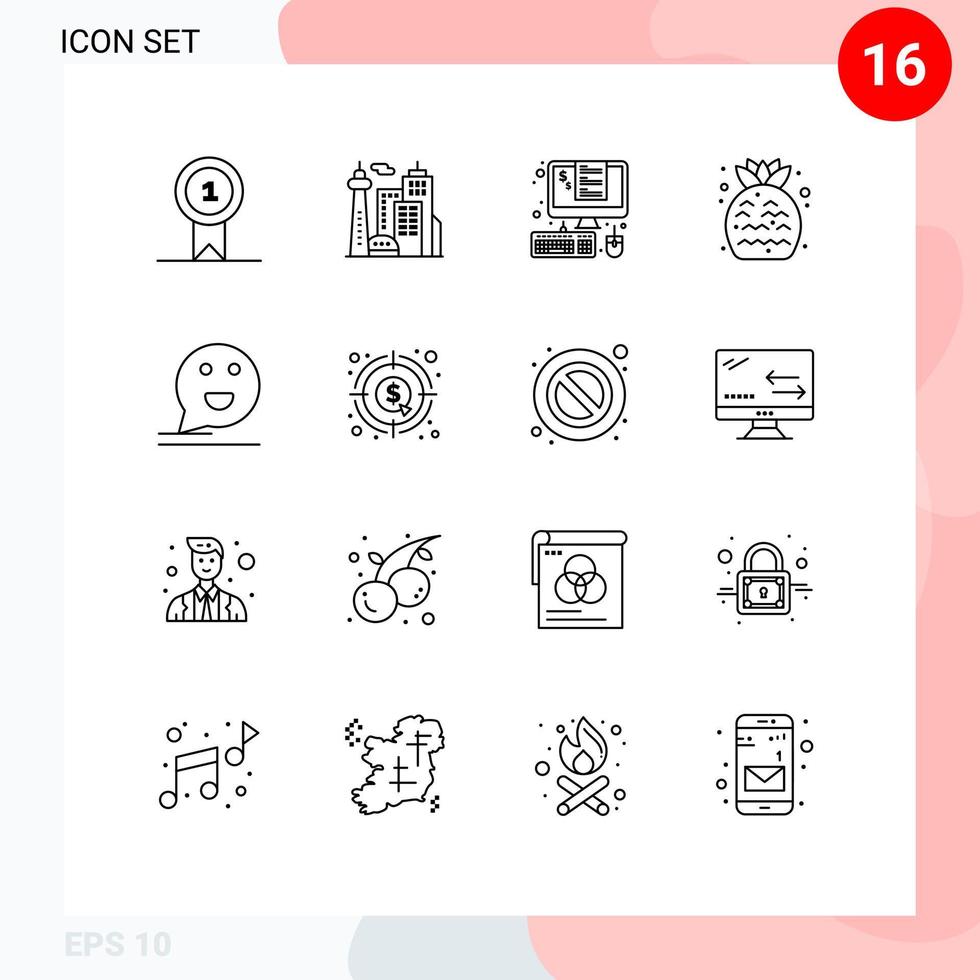 Group of 16 Modern Outlines Set for bubble summer devices food taxes Editable Vector Design Elements