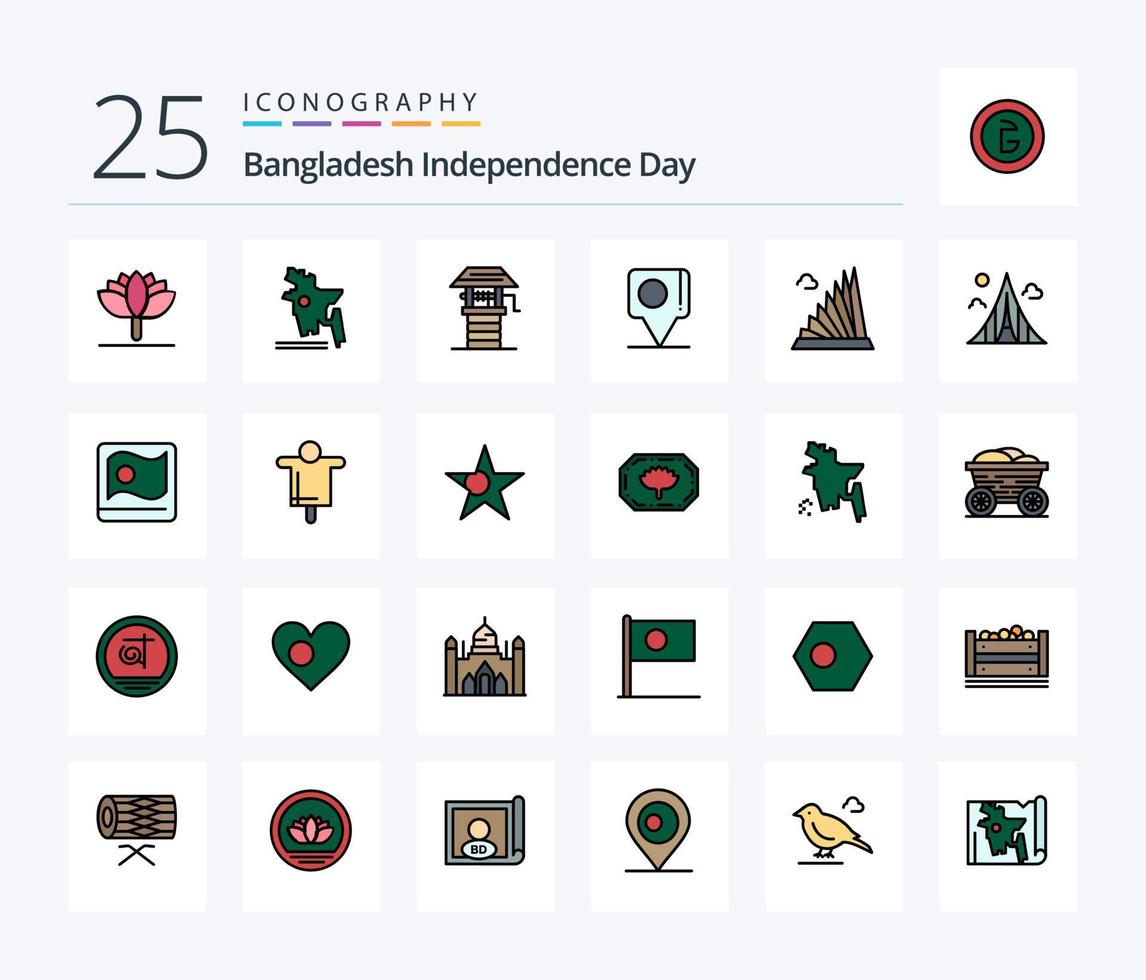 paquete de iconos llenos de 25 líneas del día de la independencia de bangladesh que incluye un punto de referencia. construcción. agricultura. edificio. bandera vector