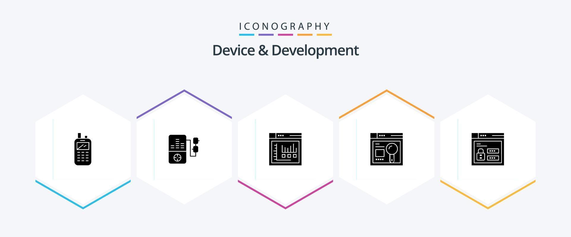 paquete de iconos de 25 glifos de dispositivo y desarrollo que incluye bloqueo. navegador. internet educación. web vector