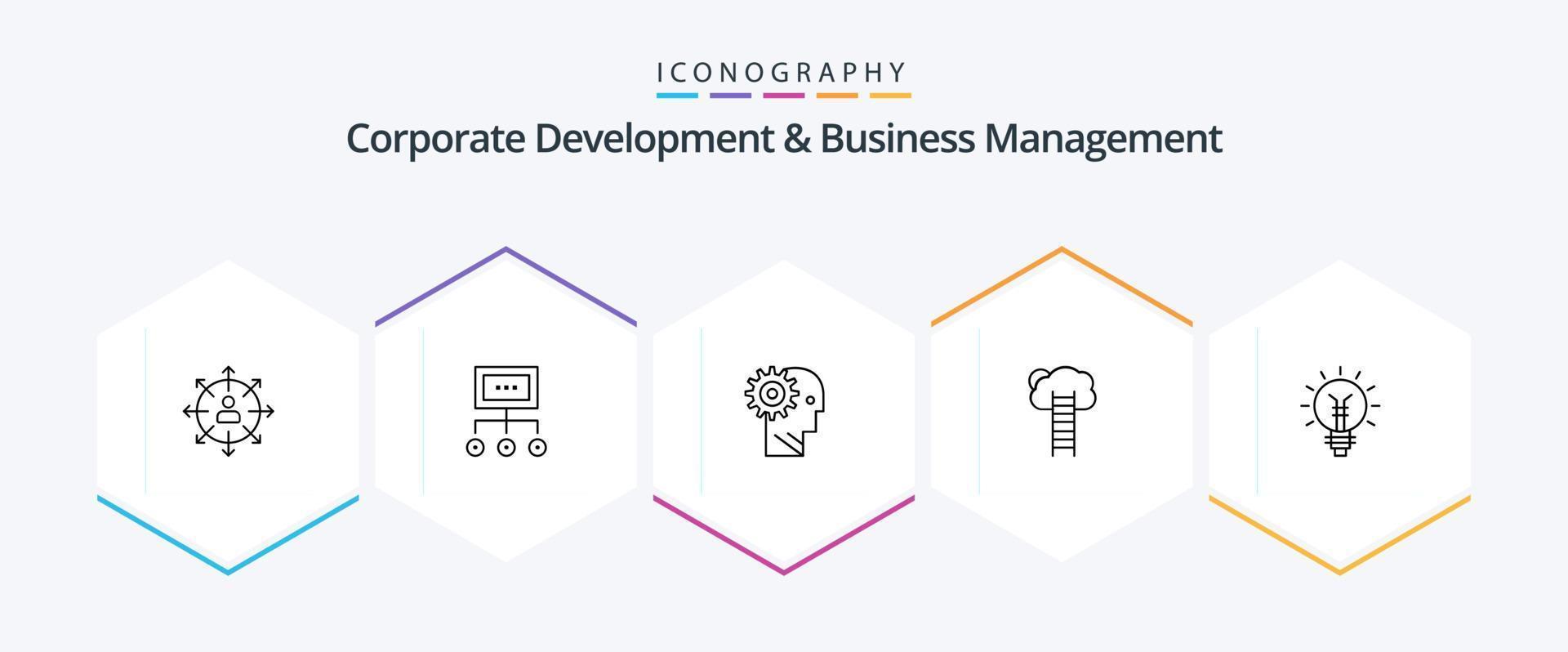 Corporate Development And Business Management 25 Line icon pack including gear. solution. business. process. organization vector