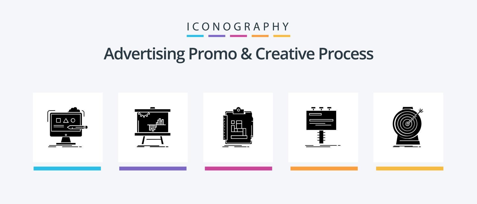Advertising Promo And Creative Process Glyph 5 Icon Pack Including advertising. ad. graph. workflow. scheme. Creative Icons Design vector