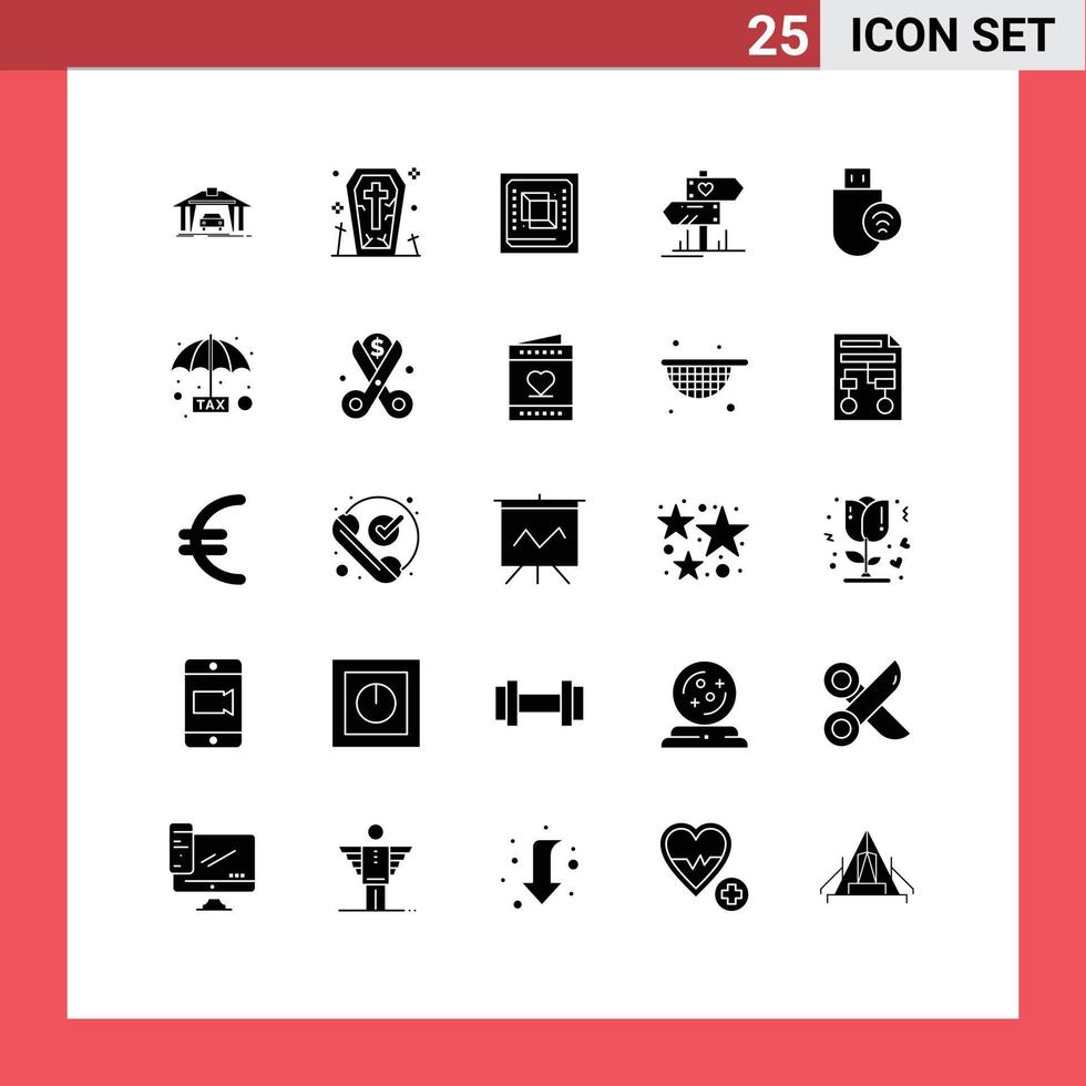 Group of 25 Modern Solid Glyphs Set for computers heart chip love processor Editable Vector Design Elements