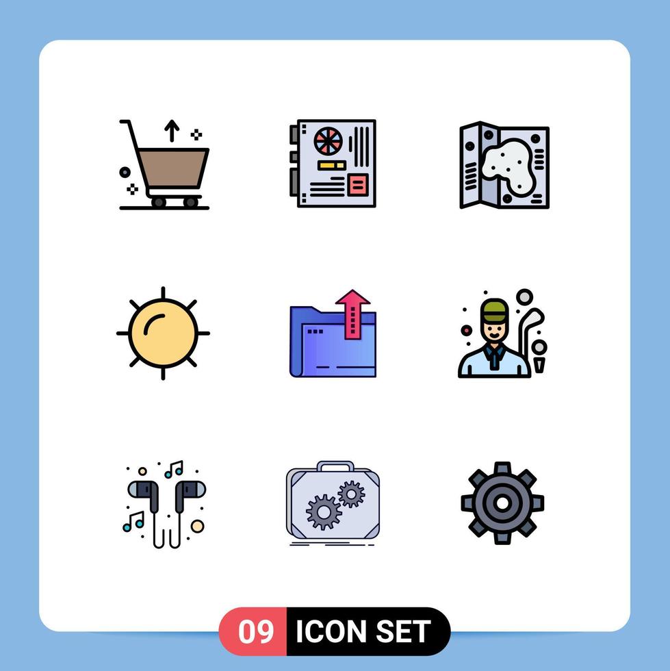 Pack of 9 Modern Filledline Flat Colors Signs and Symbols for Web Print Media such as dacoment weather motherboard sun garden Editable Vector Design Elements