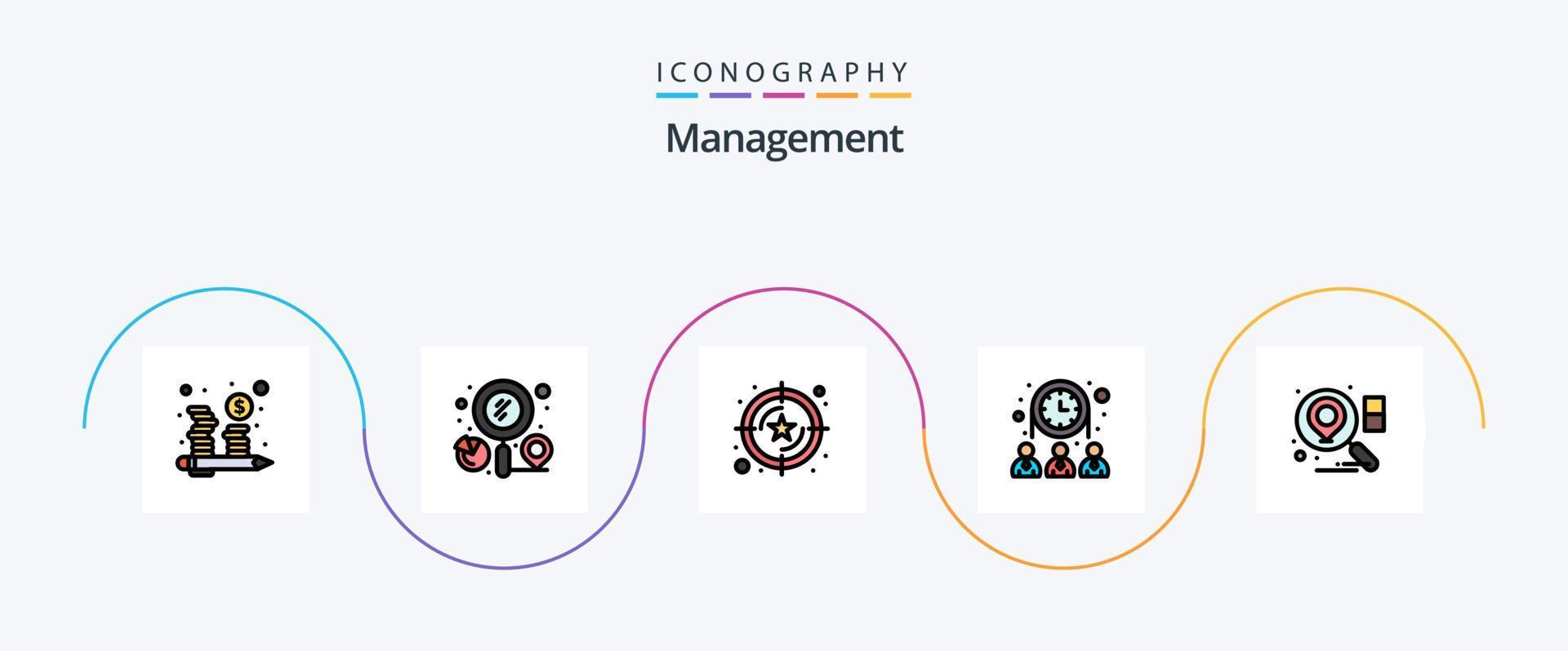 Management Line Filled Flat 5 Icon Pack Including location. team. business. people. value vector