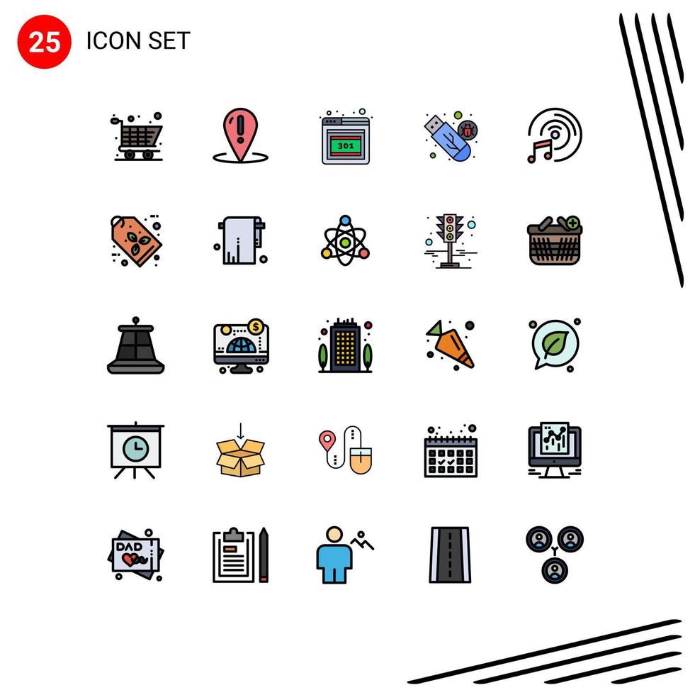 Universal Icon Symbols Group of 25 Modern Filled line Flat Colors of music virus browser usb malware Editable Vector Design Elements