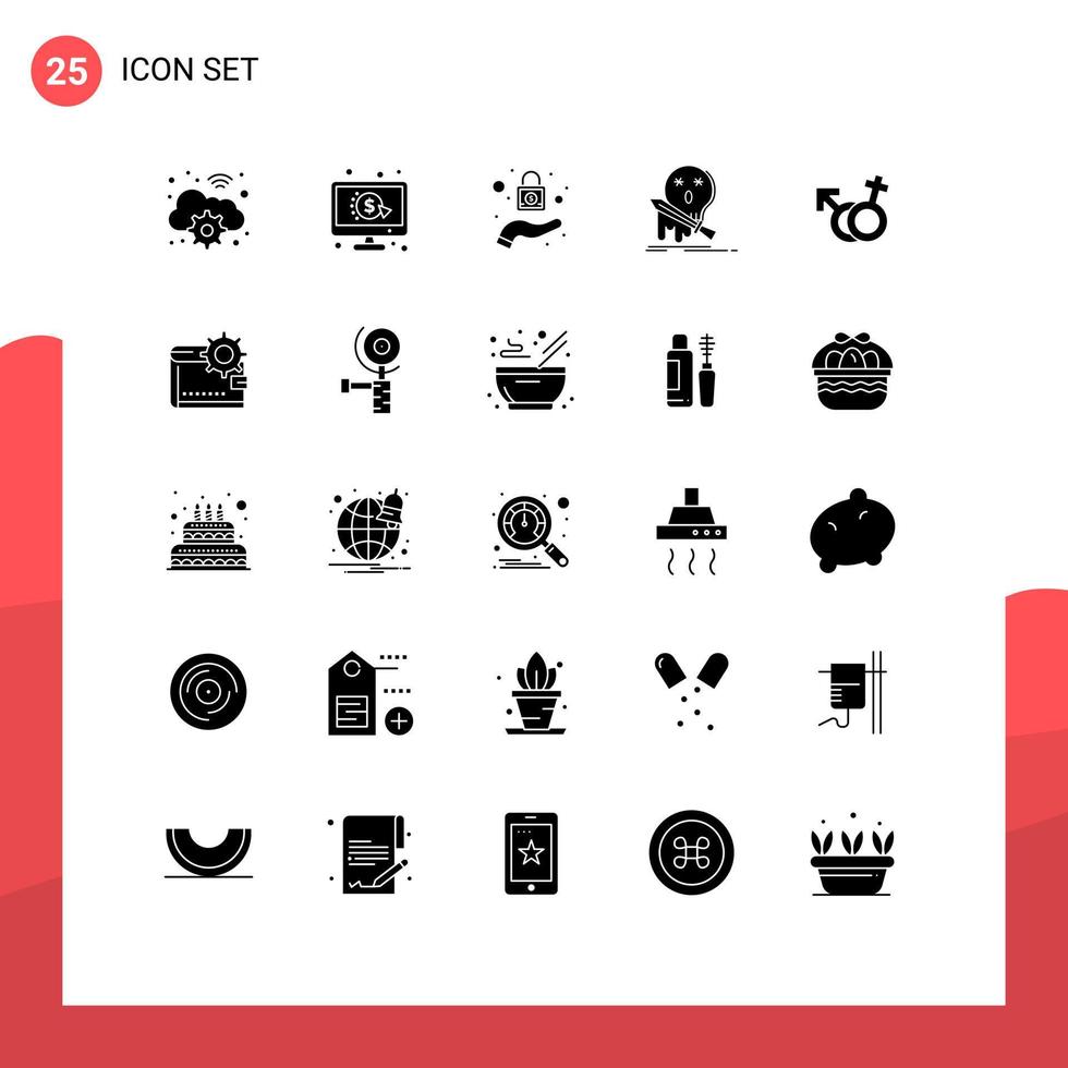 25 Solid Glyph concept for Websites Mobile and Apps symbol sword lock kill frag Editable Vector Design Elements