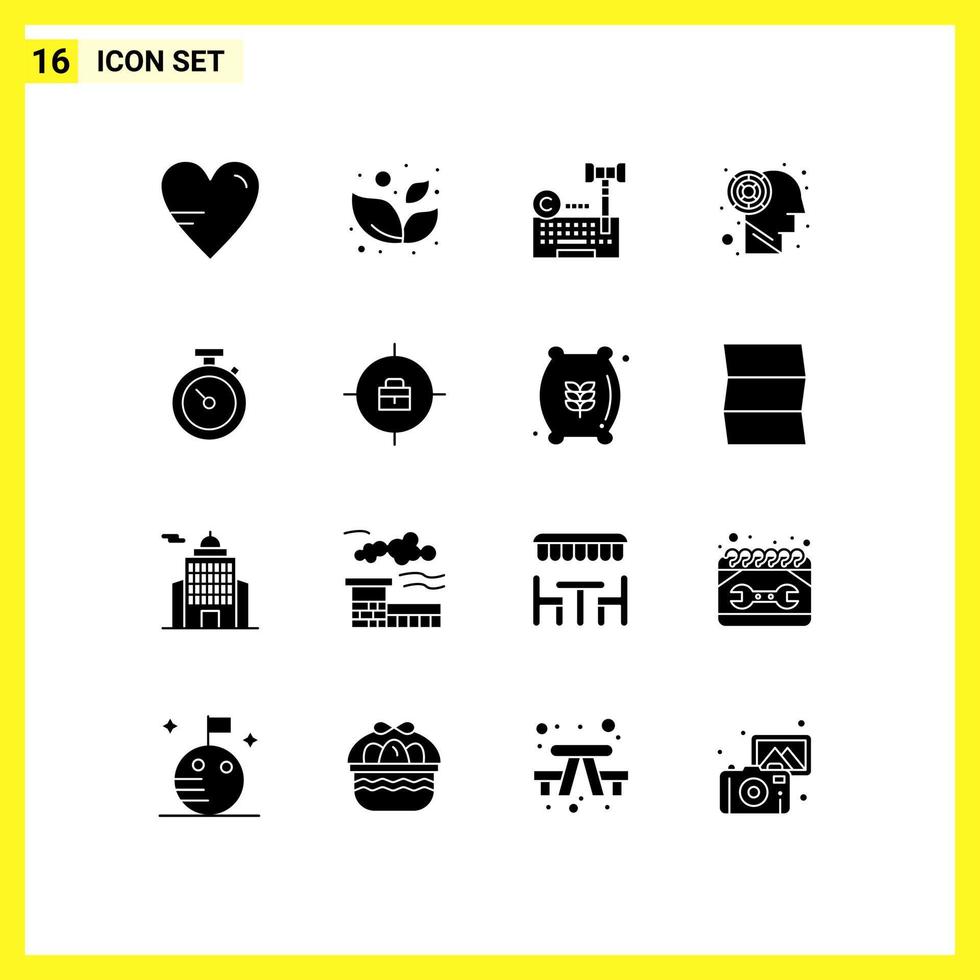 Pack of 16 creative Solid Glyphs of watch timmer digital brain labyrinth Editable Vector Design Elements