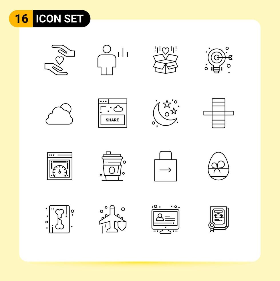 Set of 16 Modern UI Icons Symbols Signs for cloud web gift aim bulb Editable Vector Design Elements