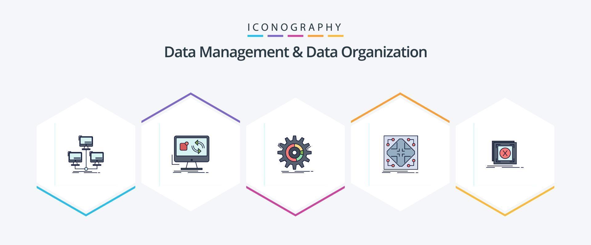 Data Management And Data Organization 25 FilledLine icon pack including network. data. install. progress. management vector