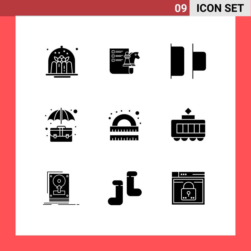 Group of 9 Solid Glyphs Signs and Symbols for drawing insurance planning case bag Editable Vector Design Elements