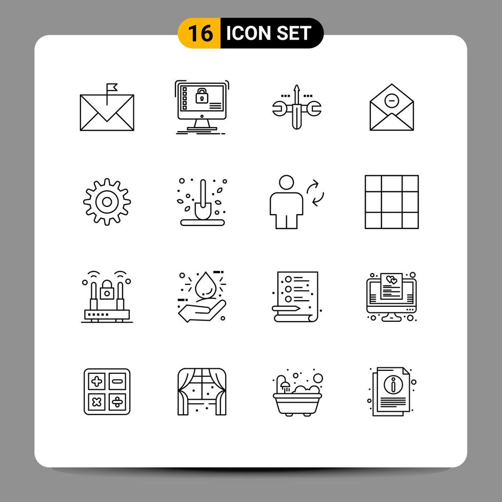 conjunto de 16 iconos modernos de la interfaz de usuario signos de símbolos para el sistema de eliminación de correo destornillador de comunicación elementos de diseño vectorial editables vector