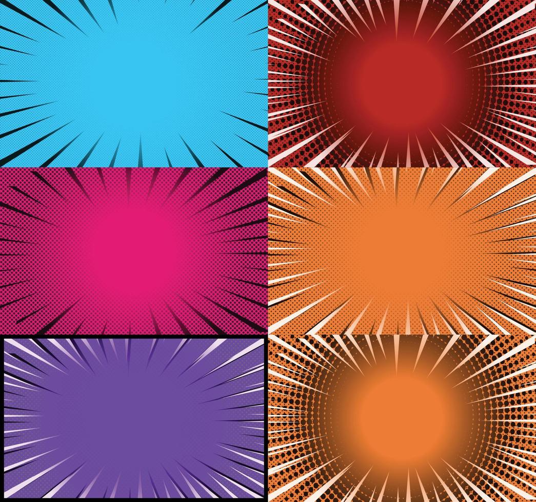 Comic book colorful frames background with halftone rays radial and dotted effects pop art style vector