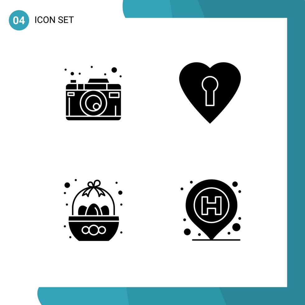 Modern Set of 4 Solid Glyphs and symbols such as camera celebration photography private egg Editable Vector Design Elements