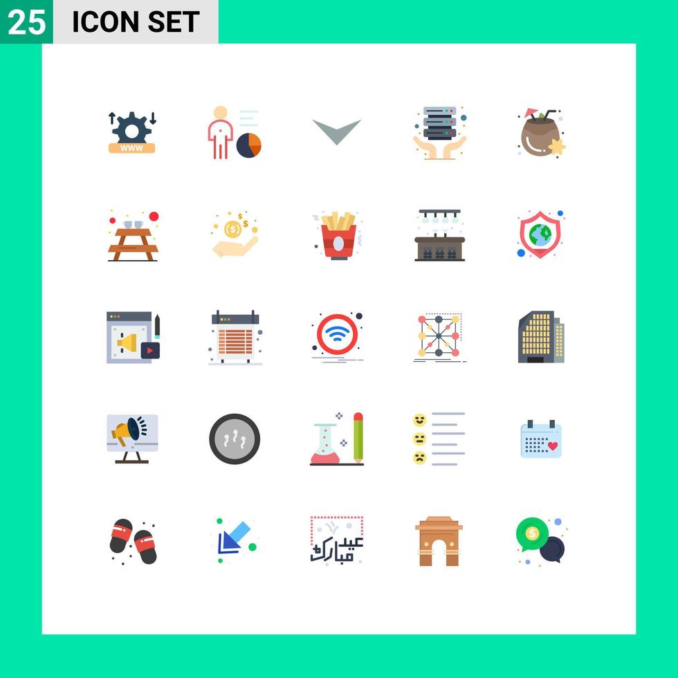 User Interface Pack of 25 Basic Flat Colors of drink coconut person shared internet hosting Editable Vector Design Elements