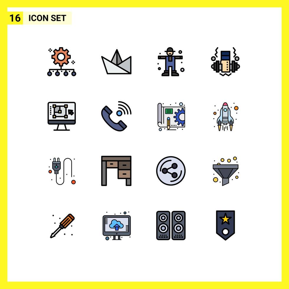16 Universal Flat Color Filled Line Signs Symbols of designing tool computer character weight dumbbell Editable Creative Vector Design Elements