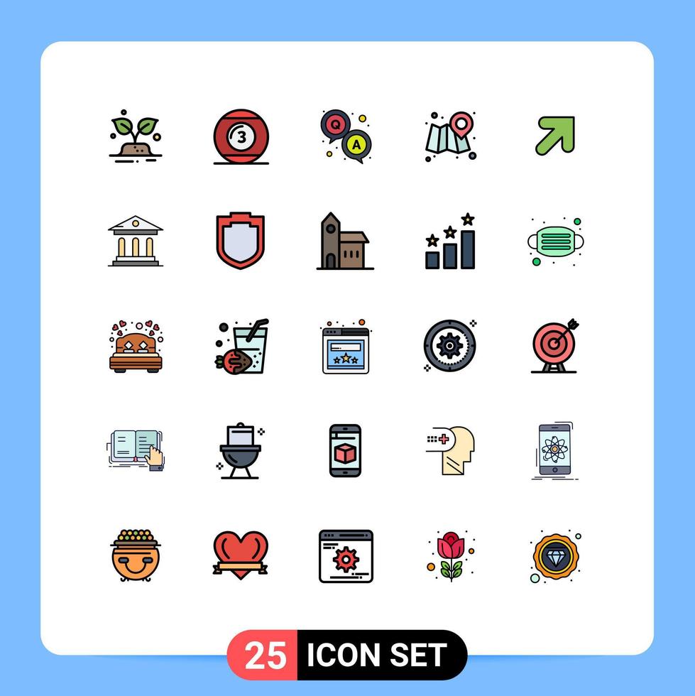 User Interface Pack of 25 Basic Filled line Flat Colors of up map snooker location survey Editable Vector Design Elements