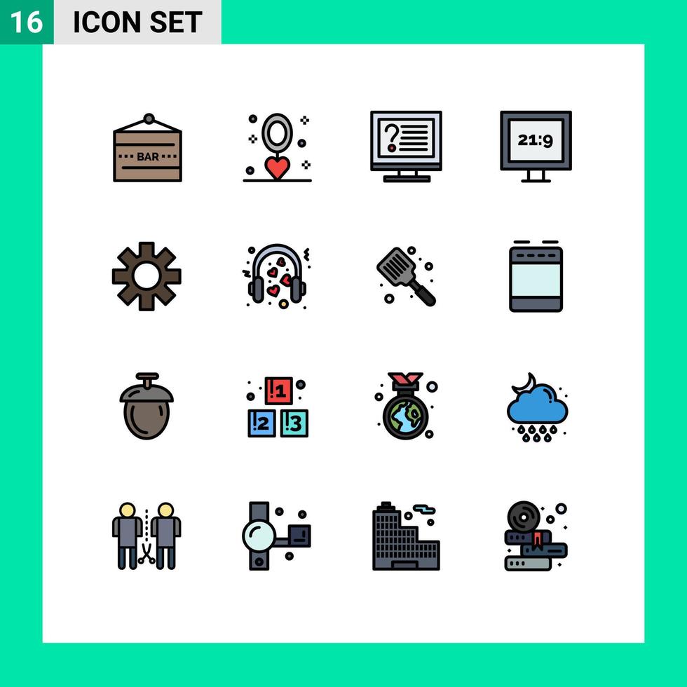 conjunto de 16 líneas vectoriales llenas de color plano en cuadrícula para elementos de diseño de vectores creativos editables de escritorio en línea de collar de relación de aspecto de tv