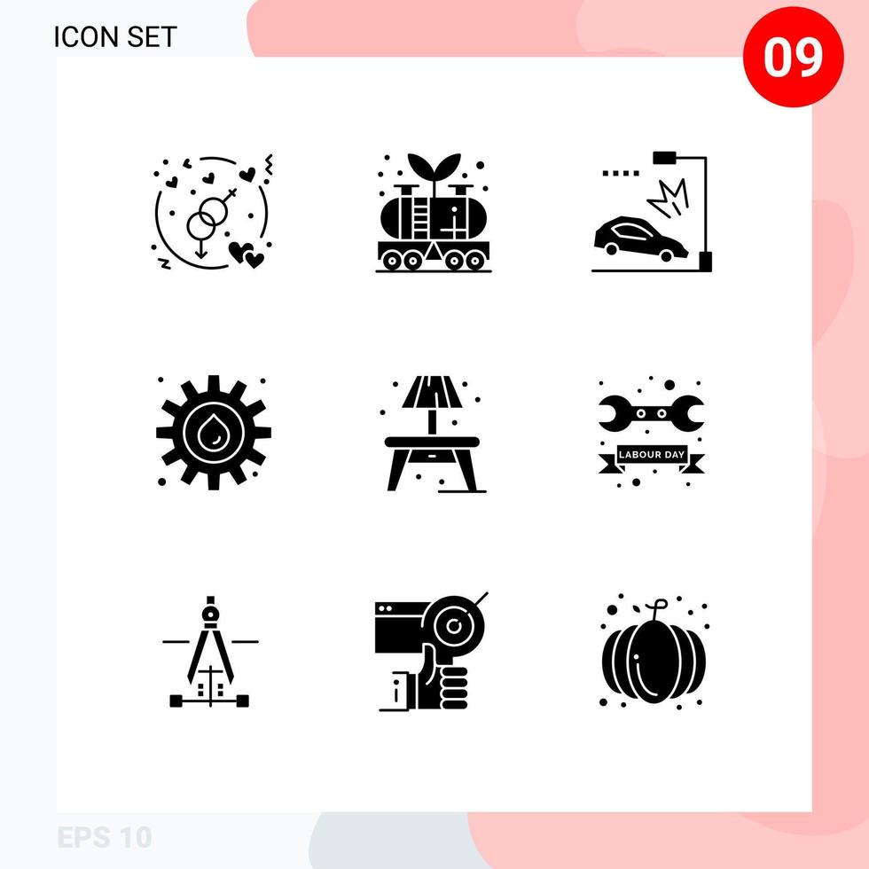 Pack of 9 creative Solid Glyphs of home industry tank gear lamppost Editable Vector Design Elements