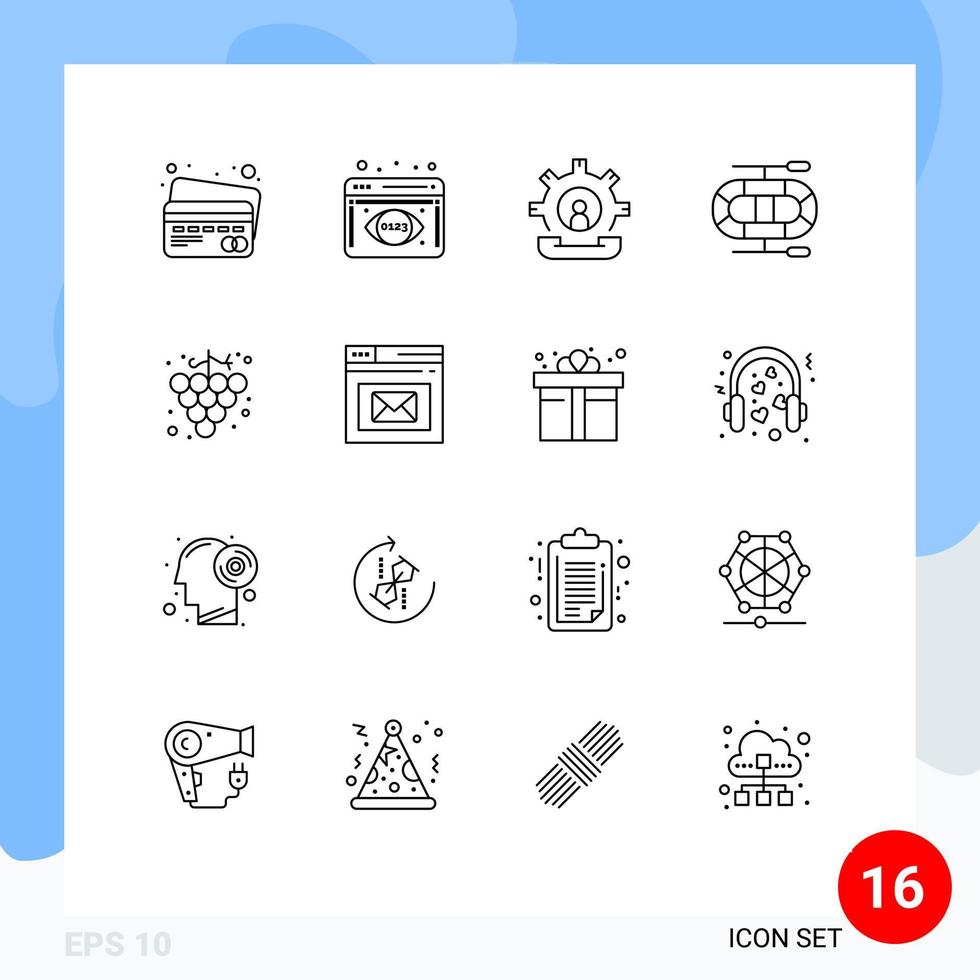 User Interface Pack of 16 Basic Outlines of inbox grape help fruit dinghy Editable Vector Design Elements