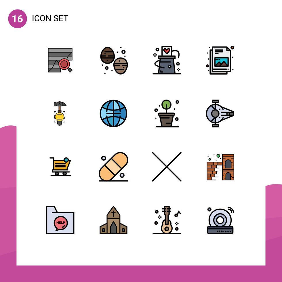 16 interfaz de usuario paquete de líneas rellenas de color plano de signos y símbolos modernos de documento de imagen truco de comida elementos de diseño de vectores creativos editables mágicos