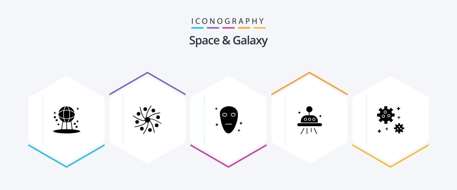 paquete de iconos de espacio y galaxia 25 glifos que incluye espacio. astronauta. universo. OVNI. astronomía vector