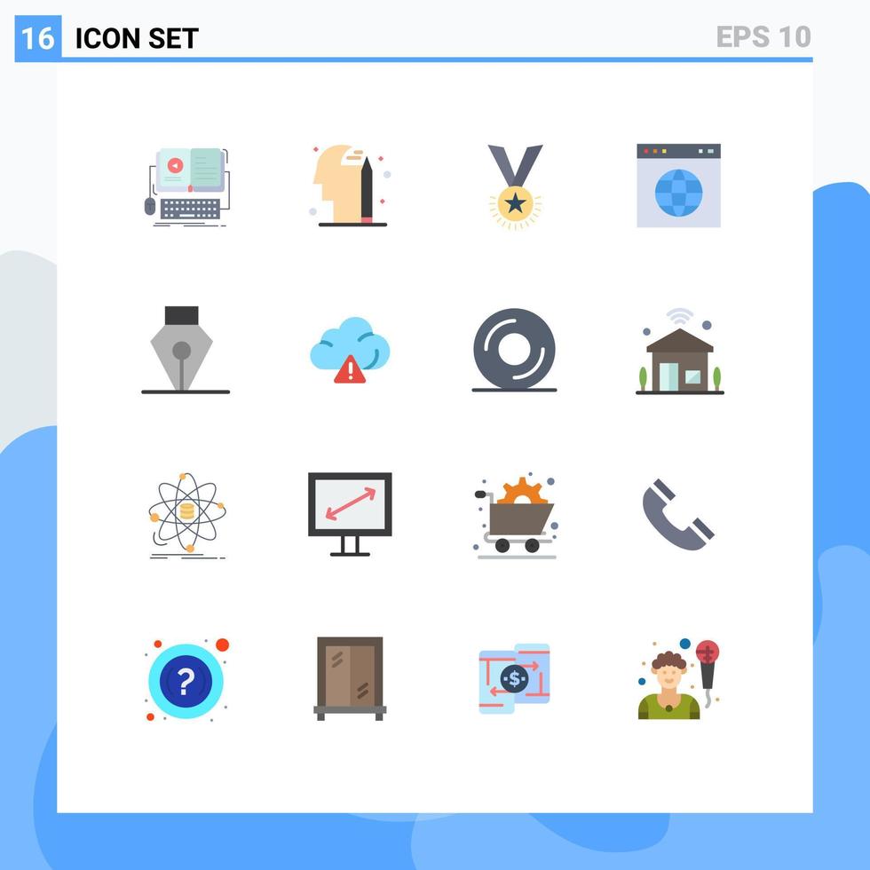 Group of 16 Flat Colors Signs and Symbols for website link award globe reputation Editable Pack of Creative Vector Design Elements