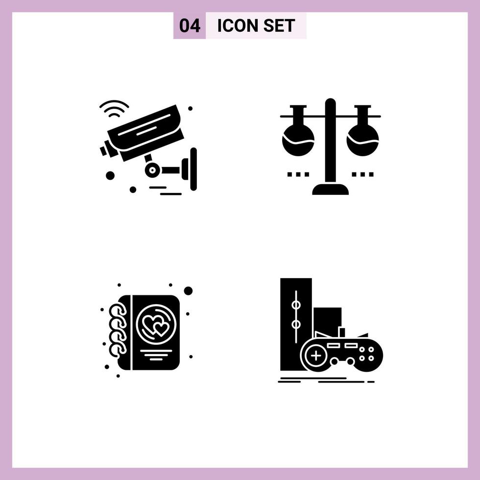 Pack of 4 Modern Solid Glyphs Signs and Symbols for Web Print Media such as camera test tube security laboratory heart Editable Vector Design Elements