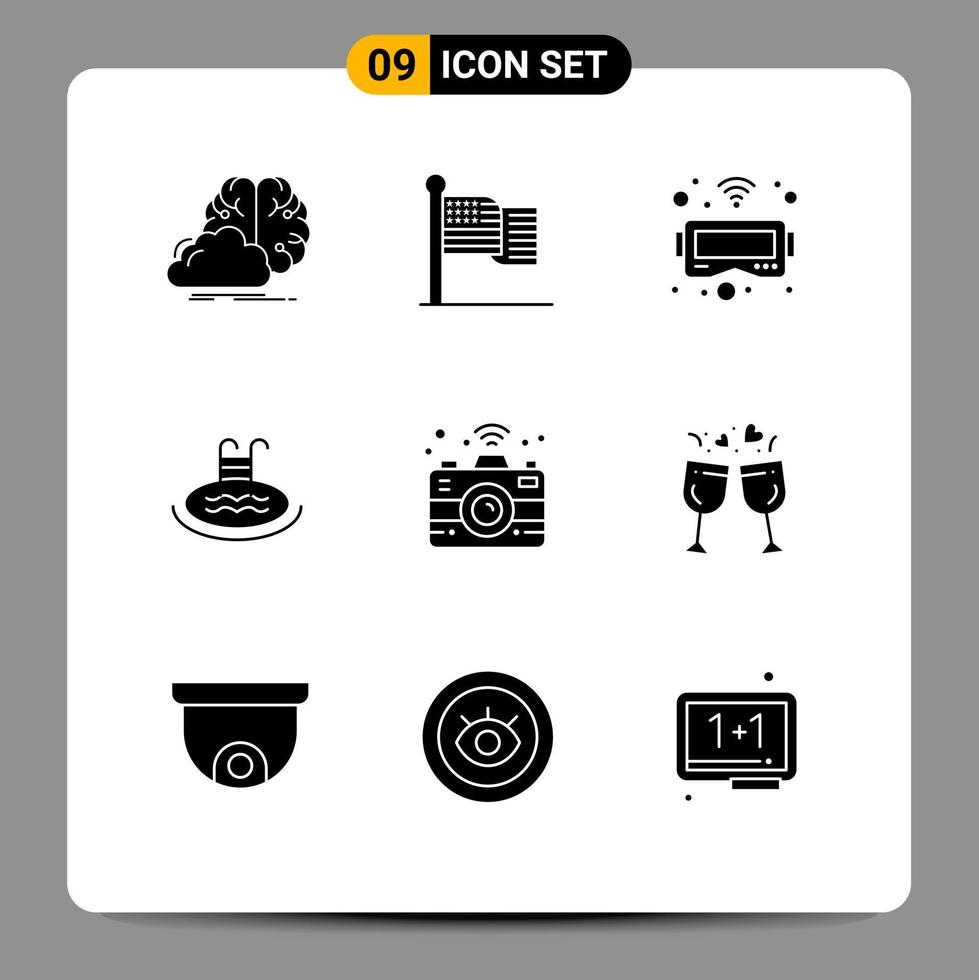 Group of 9 Solid Glyphs Signs and Symbols for connectivity service usa swimming hotel Editable Vector Design Elements