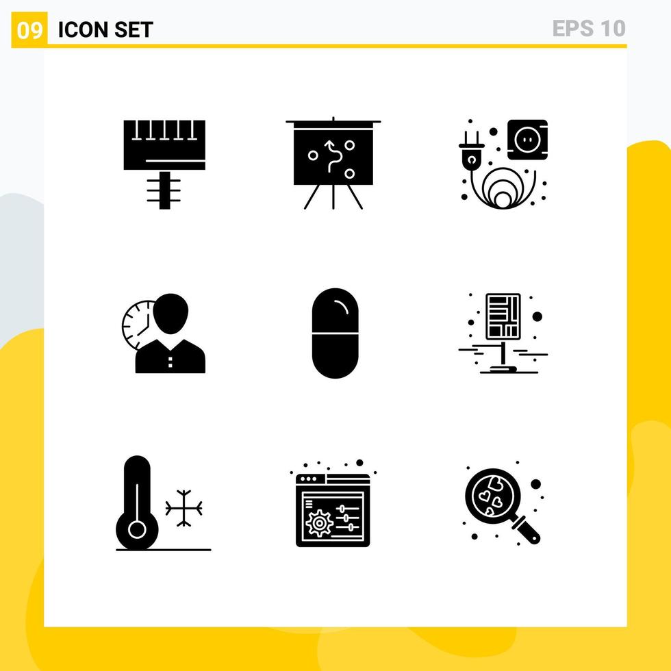 9 Thematic Vector Solid Glyphs and Editable Symbols of user time outlet schedule man Editable Vector Design Elements