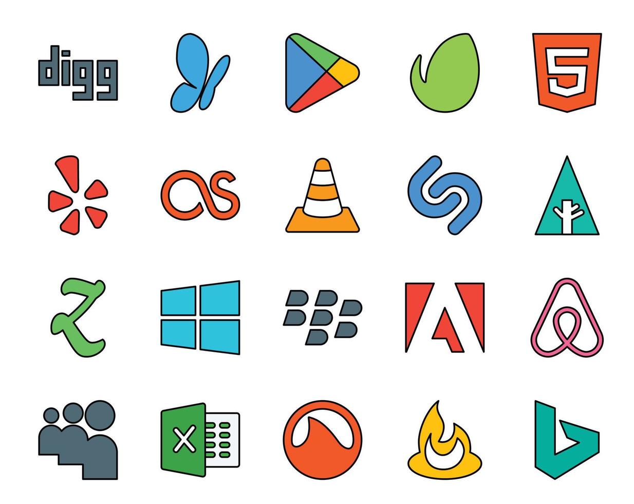 paquete de 20 íconos de redes sociales que incluye air bnb blackberry vlc windows forrst vector