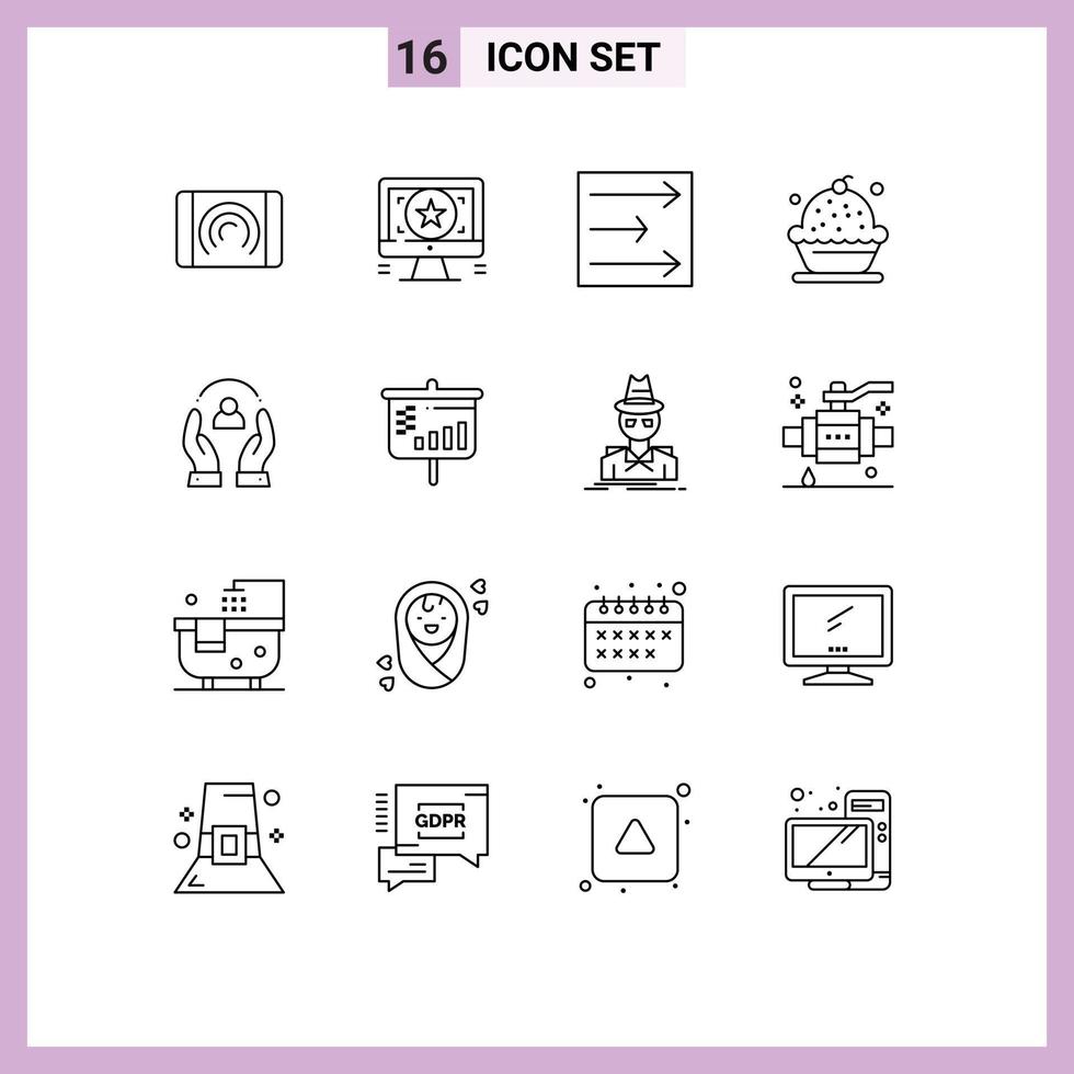 16 Universal Outline Signs Symbols of caring pie arrow dessert cake Editable Vector Design Elements