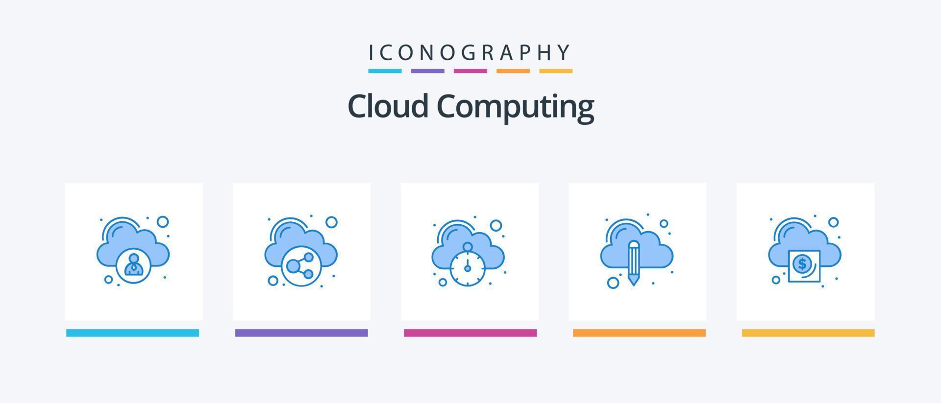 Cloud Computing Blue 5 Icon Pack Including money. business. fast hosting. cloud. pencil. Creative Icons Design vector