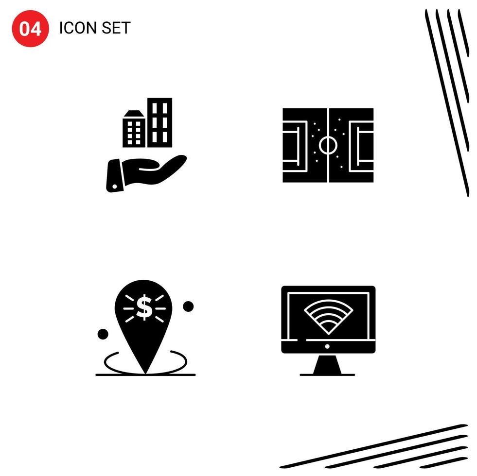 Pack of 4 creative Solid Glyphs of architecture banking sustainable game location Editable Vector Design Elements