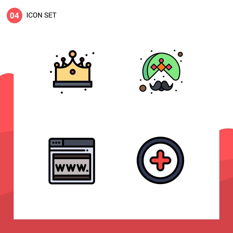 User Interface Pack of 4 Basic Filledline Flat Colors of crown seo cap person webpage Editable Vector Design Elements