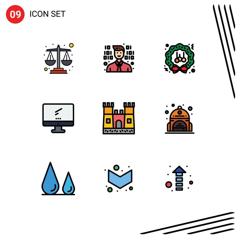 conjunto de 9 iconos modernos de la interfaz de usuario signos de símbolos para los elementos de diseño vectorial editables del monitor imac de la guirnalda de la pc del castillo vector