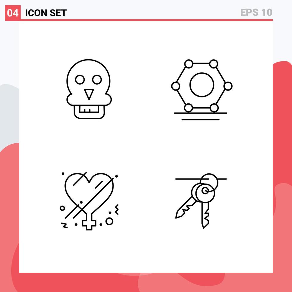 Group of 4 Filledline Flat Colors Signs and Symbols for skull love man super connected hotel Editable Vector Design Elements