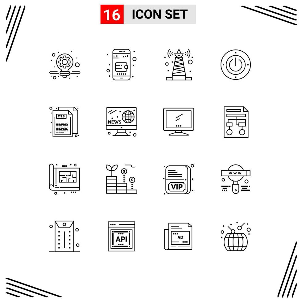 Modern Set of 16 Outlines and symbols such as style css tower code power Editable Vector Design Elements
