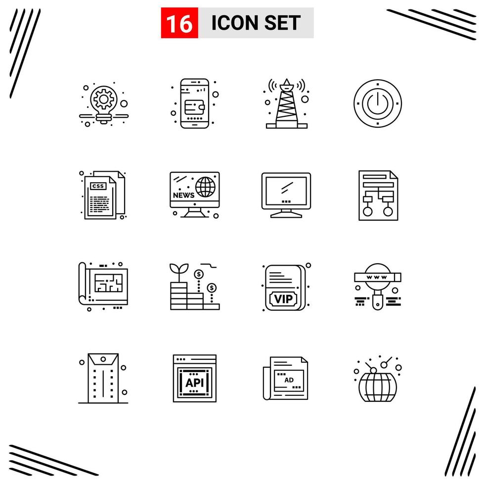 conjunto moderno de 16 contornos y símbolos, como elementos de diseño de vectores editables de estilo css tower code power