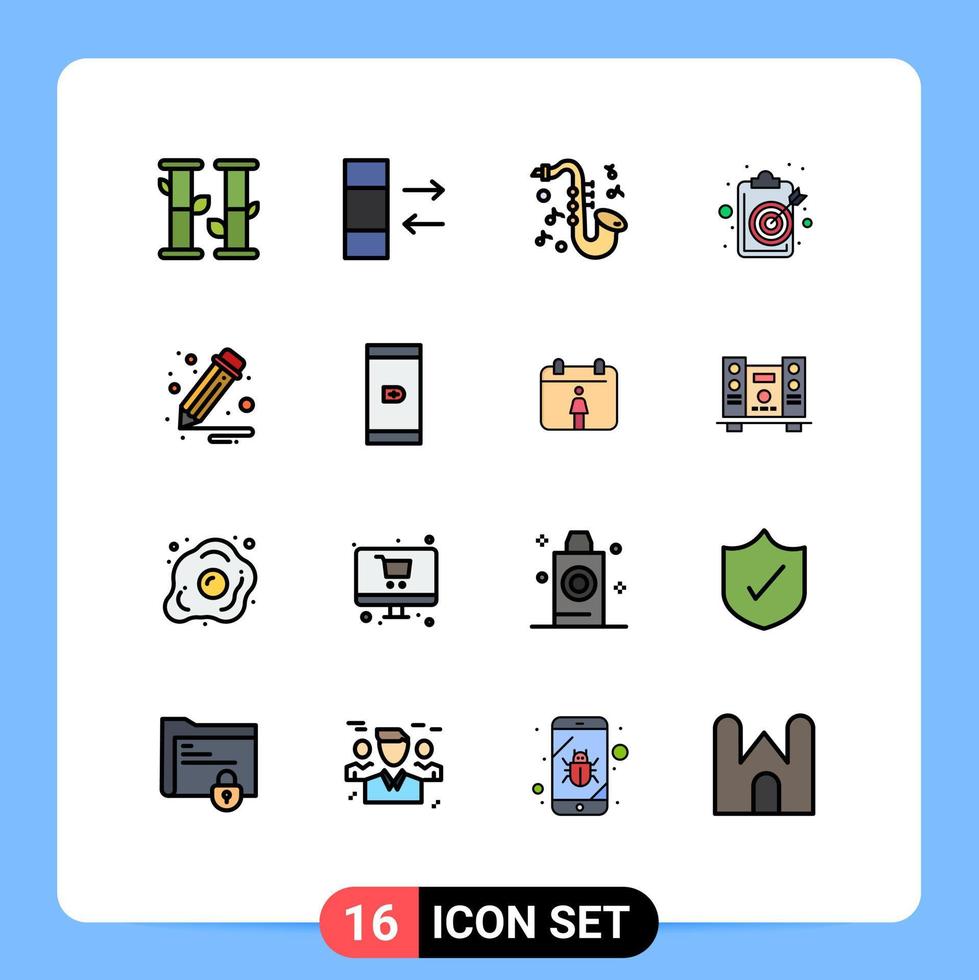 paquete de 16 líneas llenas de colores planos modernos, signos y símbolos para medios de impresión web, como saxofón de oficina sin efectivo, objetivo comercial, elementos de diseño de vectores creativos editables