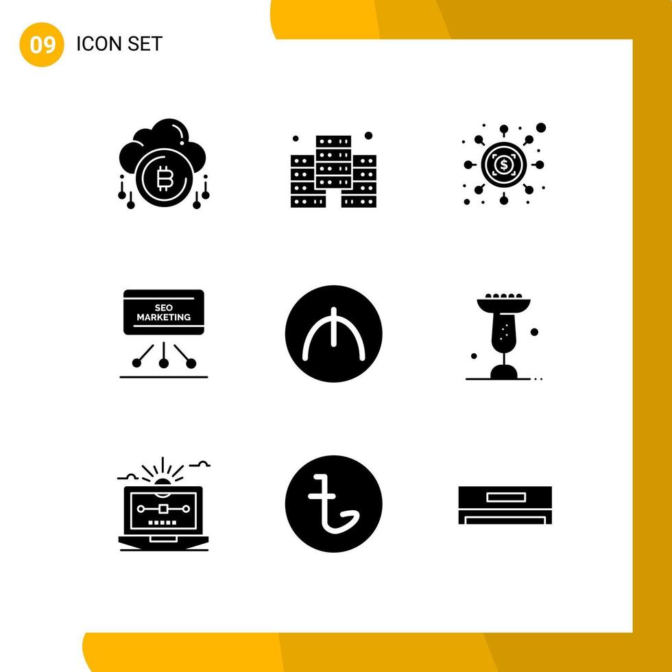 Group of 9 Solid Glyphs Signs and Symbols for manat board investment presentation seo Editable Vector Design Elements