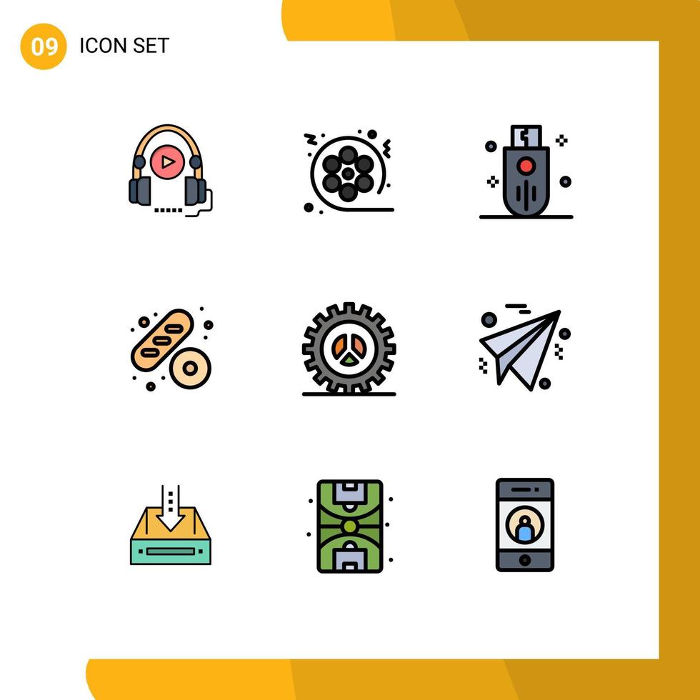 Modern Set of 9 Filledline Flat Colors and symbols such as options cake multimedia baguette stick Editable Vector Design Elements