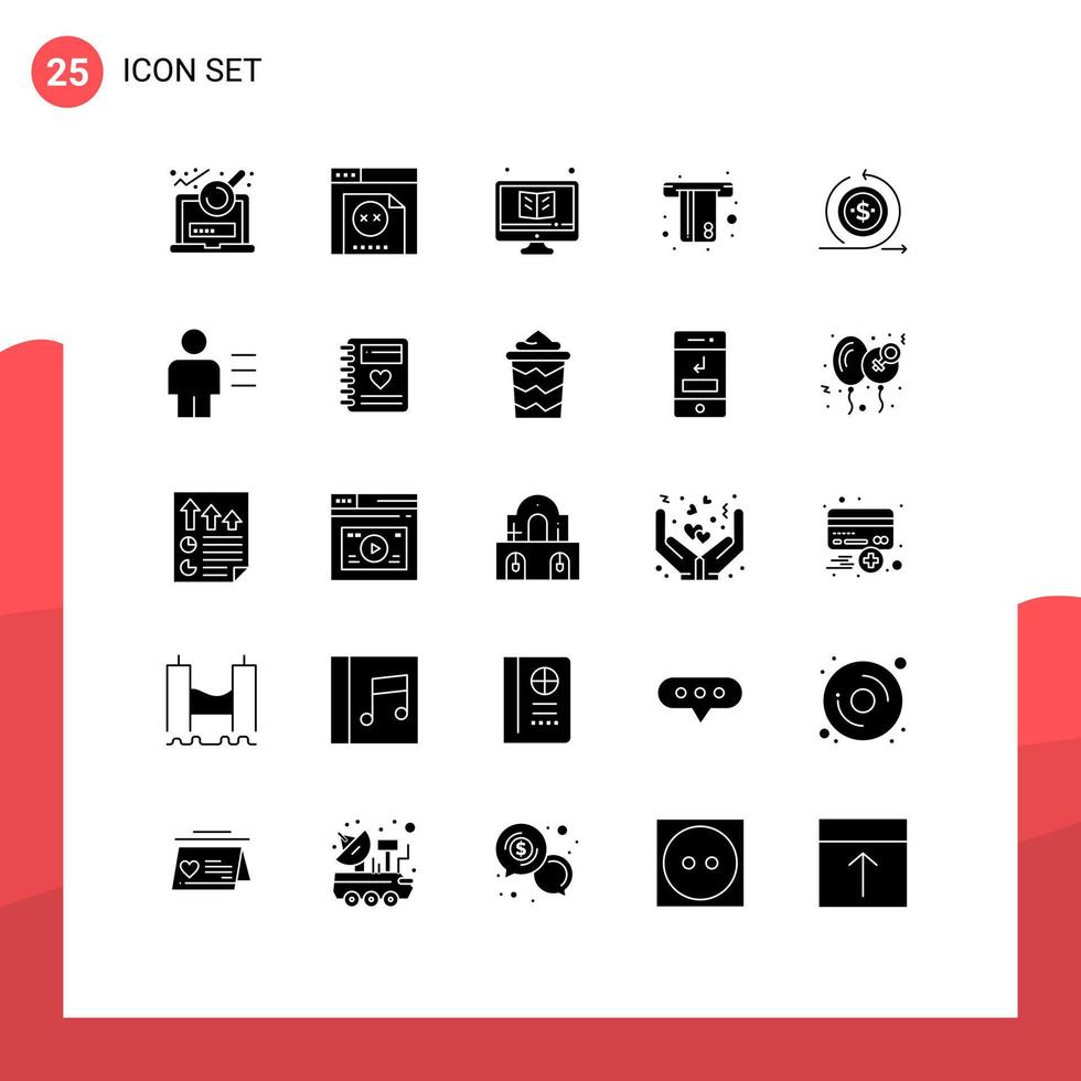 Set of 25 Commercial Solid Glyphs pack for investment credit online money atm Editable Vector Design Elements