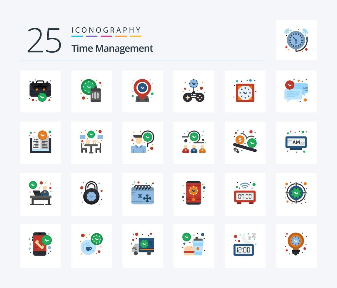 Time Management 25 Flat Color icon pack including clock. solid. waste. game. time vector