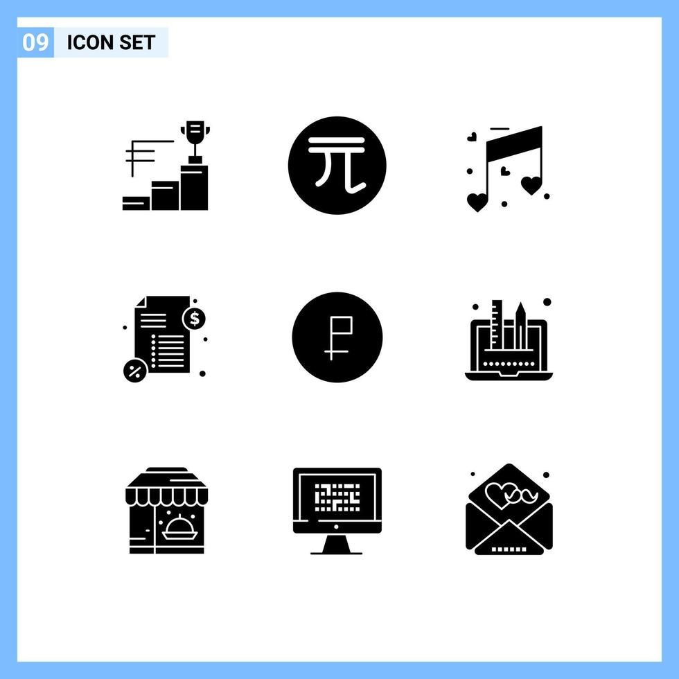 Modern Set of 9 Solid Glyphs Pictograph of coin payment new money wedding Editable Vector Design Elements