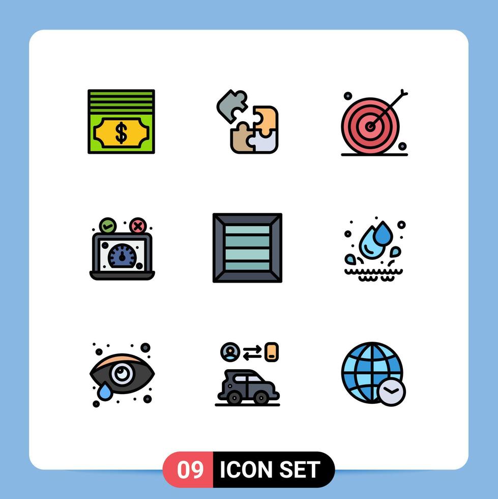 Universal Icon Symbols Group of 9 Modern Filledline Flat Colors of box speedometer aim performance speed test Editable Vector Design Elements