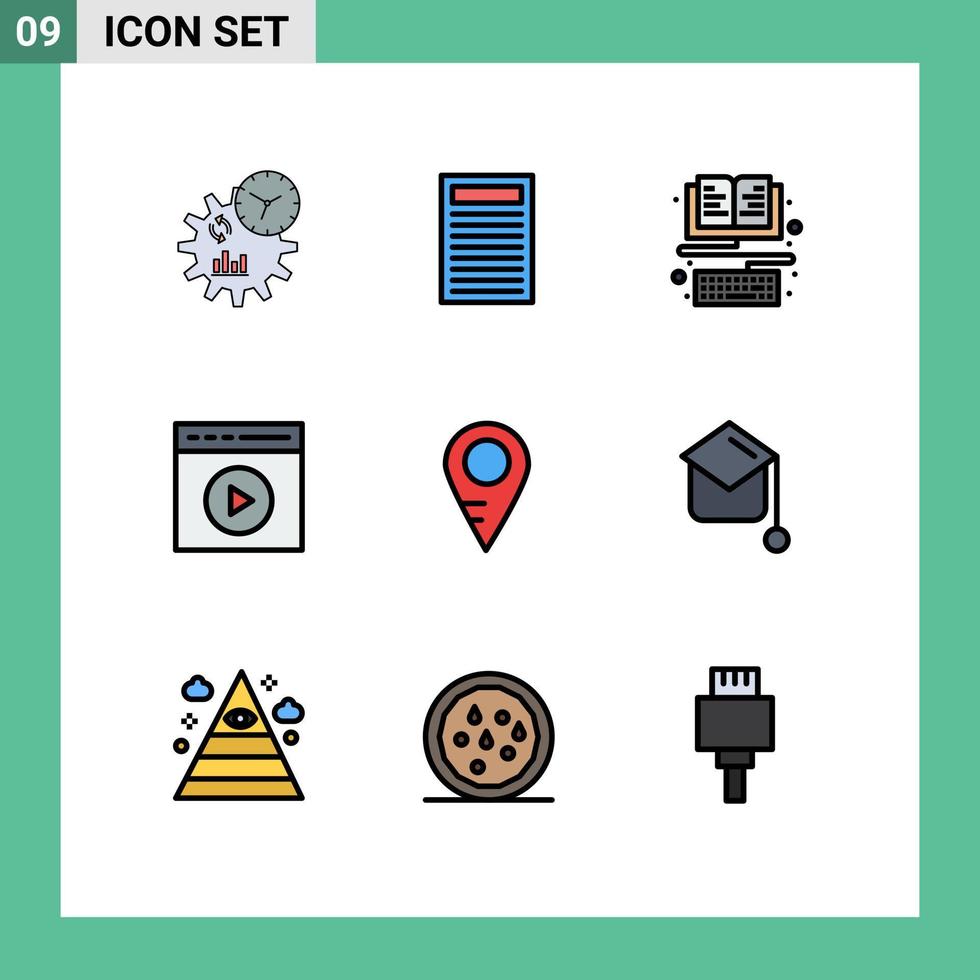Pictogram Set of 9 Simple Filledline Flat Colors of location watch video ebook video play media play Editable Vector Design Elements