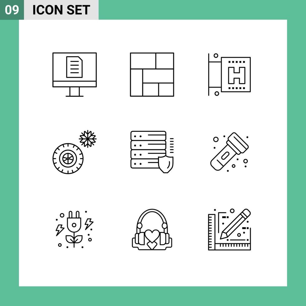 Modern Set of 9 Outlines Pictograph of flashlight security vacation protection gdpr Editable Vector Design Elements