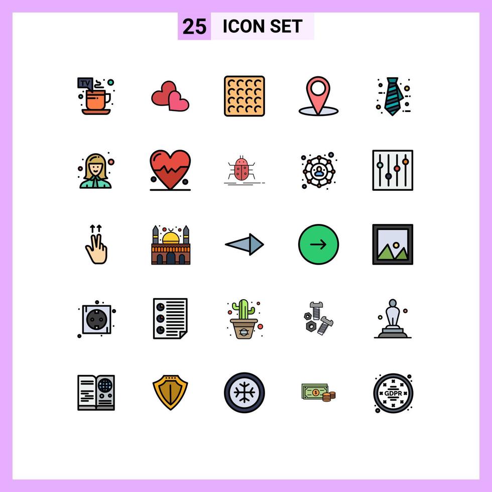 25 símbolos de signos de color plano de línea rellena universal de elementos de diseño de vector editables de mapa de negocio de galletas de oficina de avatar