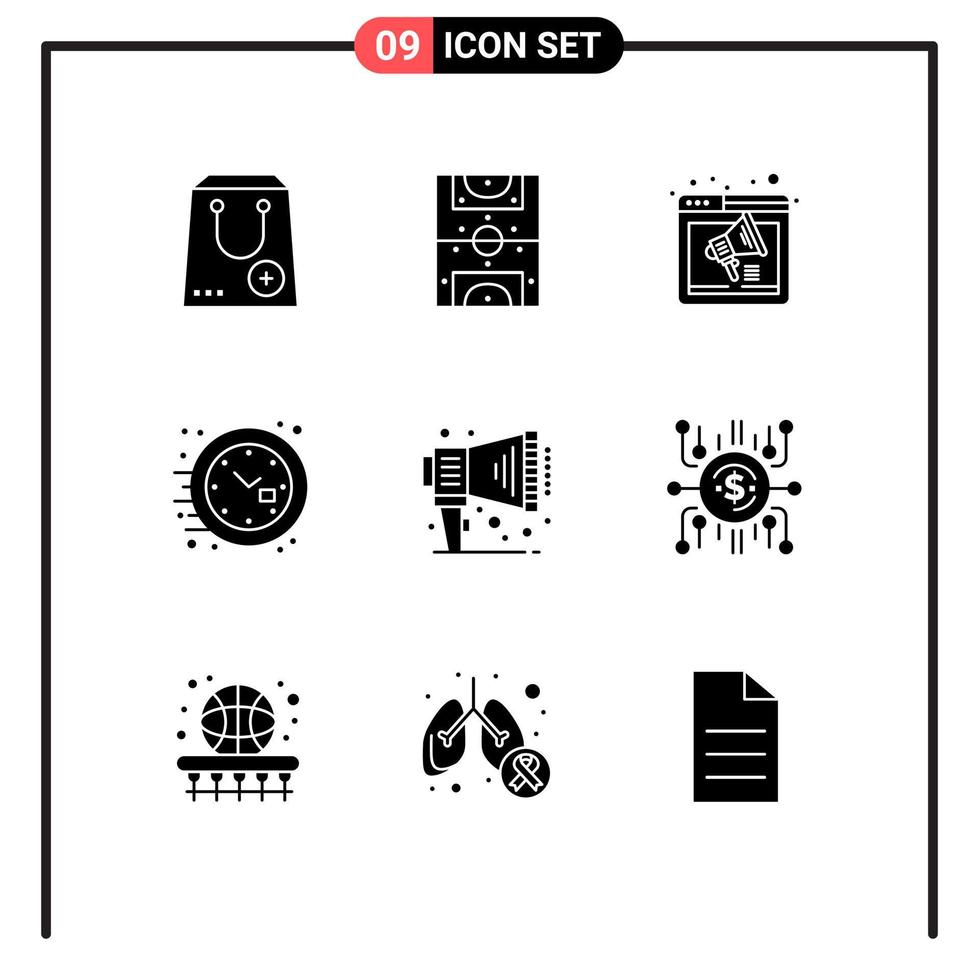 Group of 9 Modern Solid Glyphs Set for watch office field clock speaker Editable Vector Design Elements