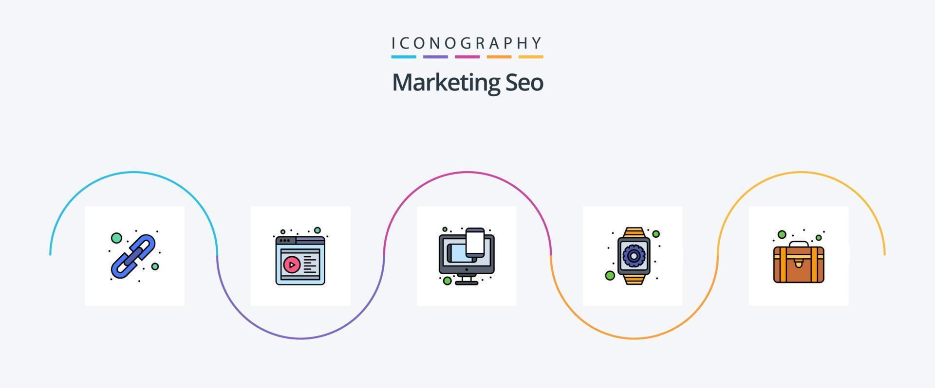 Marketing Seo Line Filled Flat 5 Icon Pack Including portfolio. settings. design. optimization. gear vector